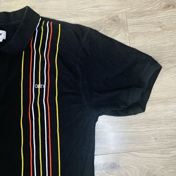 OBEY Polo Shirt Brick Lane Men’s XL Black Vertical Stripes Knitted - Picture 4 of 13